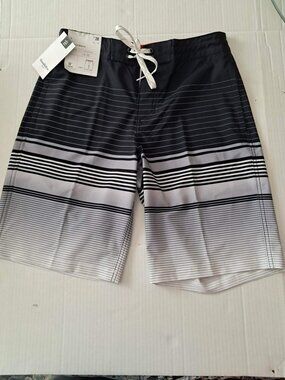 Goodfellow & Co. Men’s Black & Gray Stripe Board Shorts W28 Swim Trunks